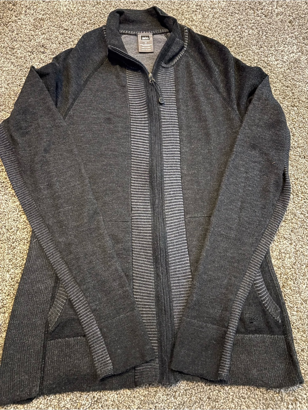 REI Dark Charcoal Full-Zip Knit Jacket with Stripe Trim